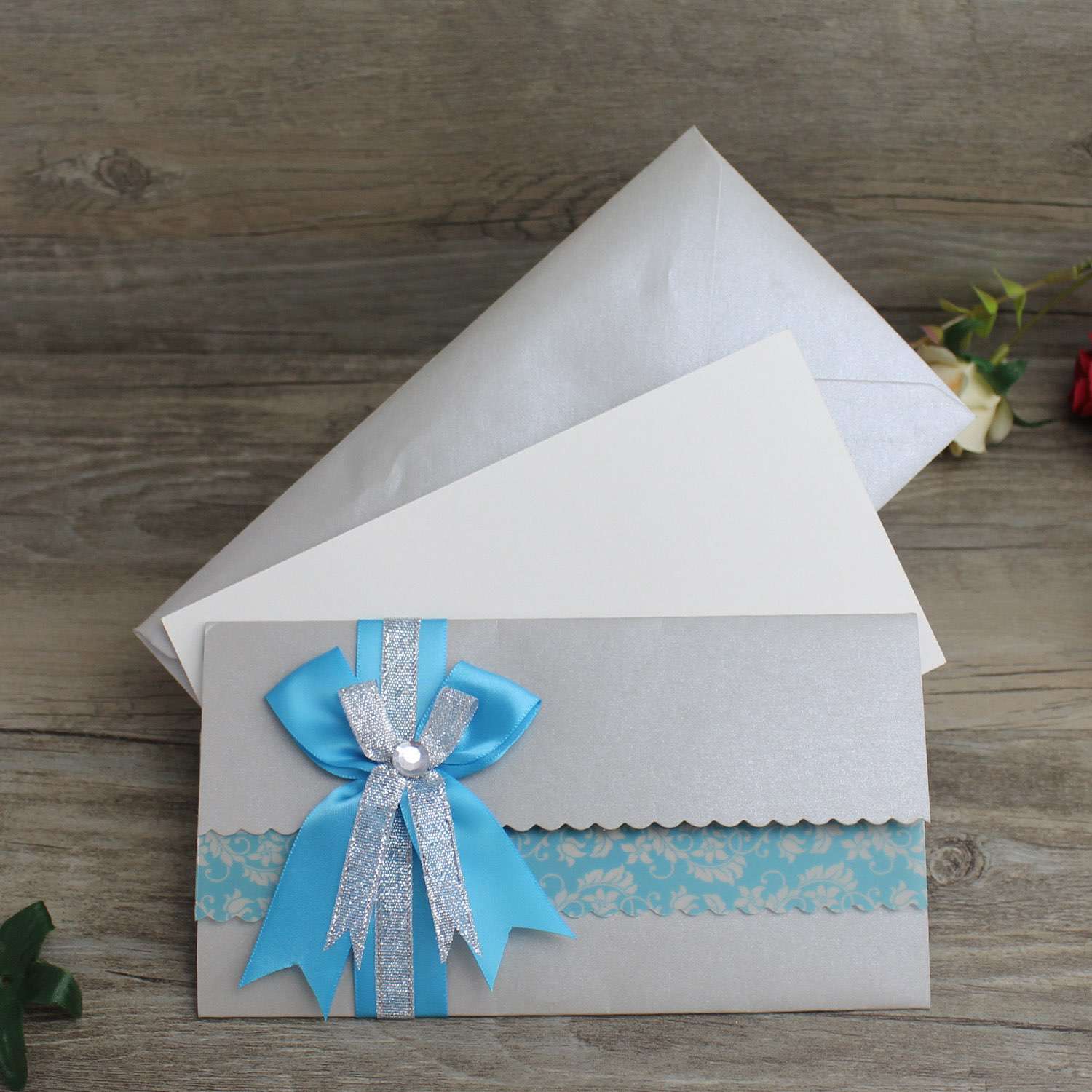 Wave Invitation with Ribbon Bow Wedding Card Customized Modern Invitation Card 